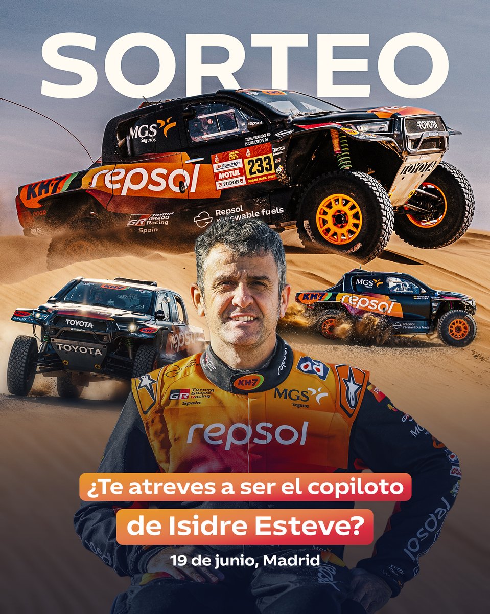 box_repsol's tweet photo. ¿Te atreves a subirte a un coche del Dakar con @isidre_esteve?👀
Sorteamos dos plazas para que el ganador y el acompañante que elija pueda vivir en primera mano la adrenalina de un coche de Rally Raid💪🏼
Entra en la web del sorteo y participa: https://t.co/JeiL4e4Go1
#RallyRaid https://t.co/aM0SSEBMAQ