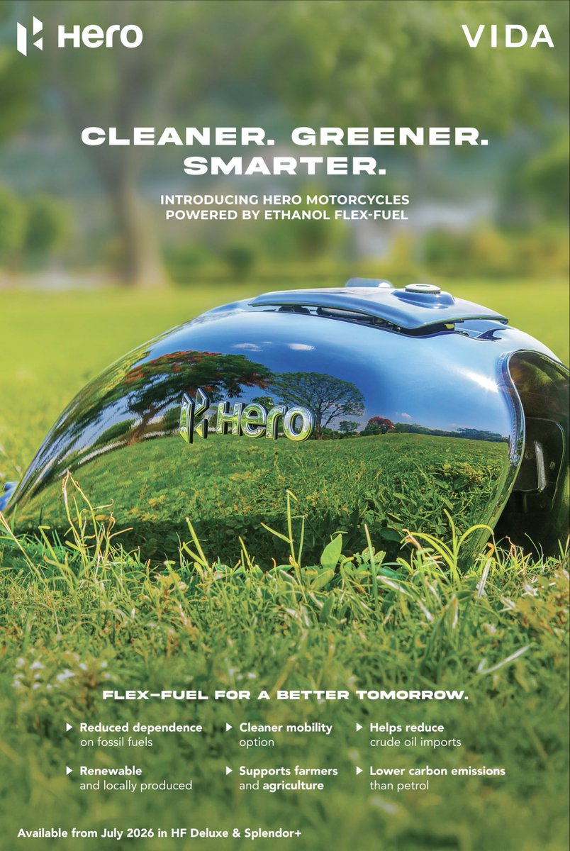 HeroMotoCorp's tweet photo. This #WorldEnvironmentDay, a cleaner future is already in motion.
Just two days ago, we took a defining step towards a cleaner and self-reliant mobility for Bharat - introducing our Flex-Fuel Splendor+ and #HFDeluxe.
Bharat Ka Fuel. Bharat Ki Bike.
#SplendorPlus #HeroMotoCorp https://t.co/OfXPWEWzFZ