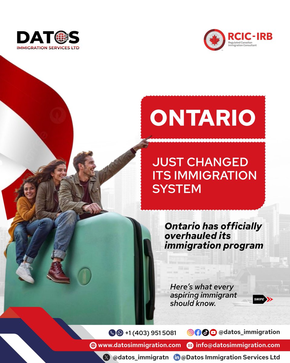 datos_immigratn's tweet photo. Ontario just overhauled its immigration system.

All 9 #OINP streams have been redesigned as the province shifts towards more targeted, labour-focused selection.

If you’re planning to move to Canada, this change matters.

#CanadaImmigration #Ontario #ExpressEntry #MoveToCanada https://t.co/uZknNvCrG3