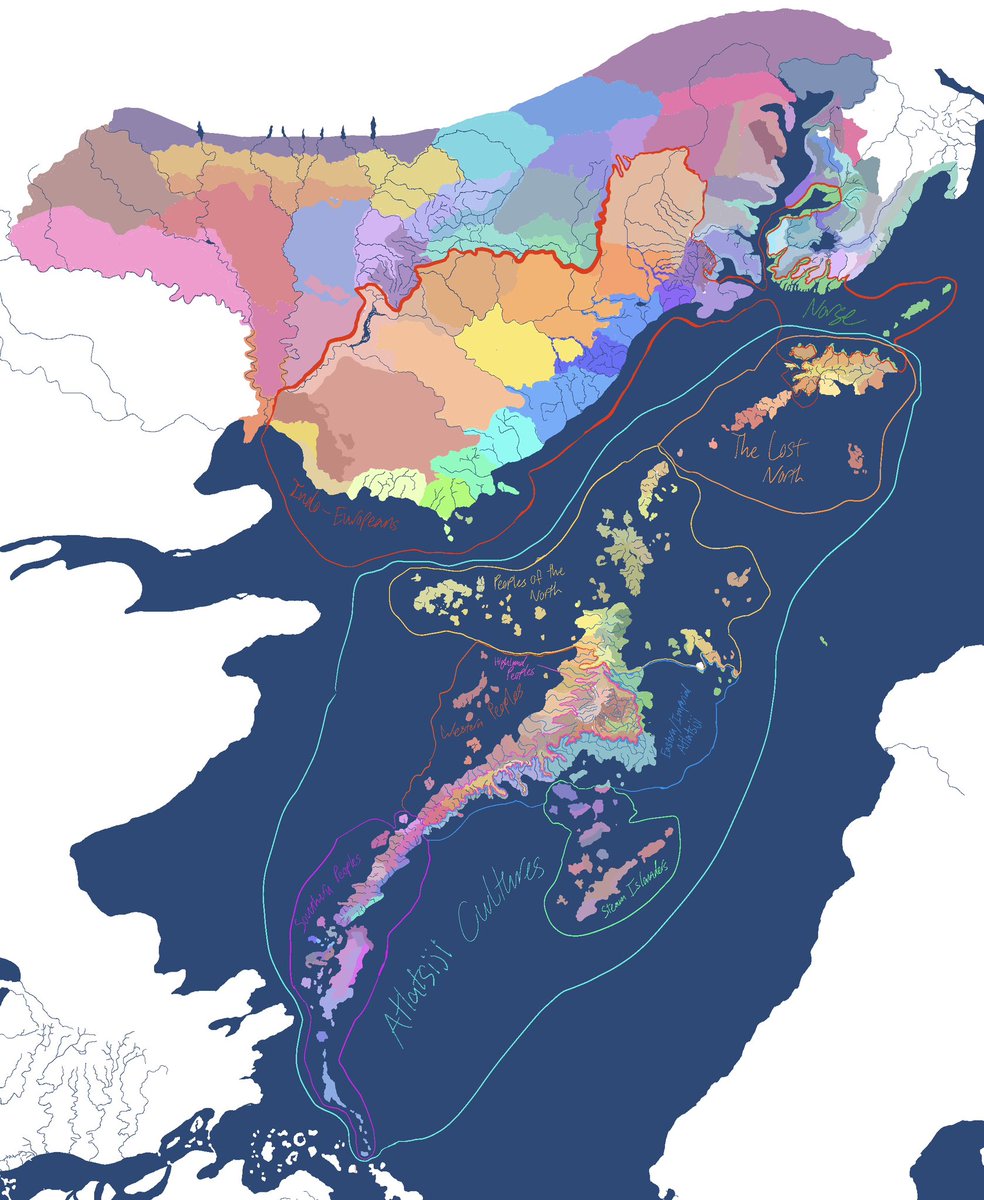 wannabescythian's tweet photo. Map detailing some of the peoples of my fantasy world: the peoples of Great Atlatsija (Descendants of a truly ancient civilization that inspired myths of Atlantis), and Indo-European peoples shanghaied here by the whims of fate in Earth’s Bronze Age. https://t.co/yqUNm5PgXT