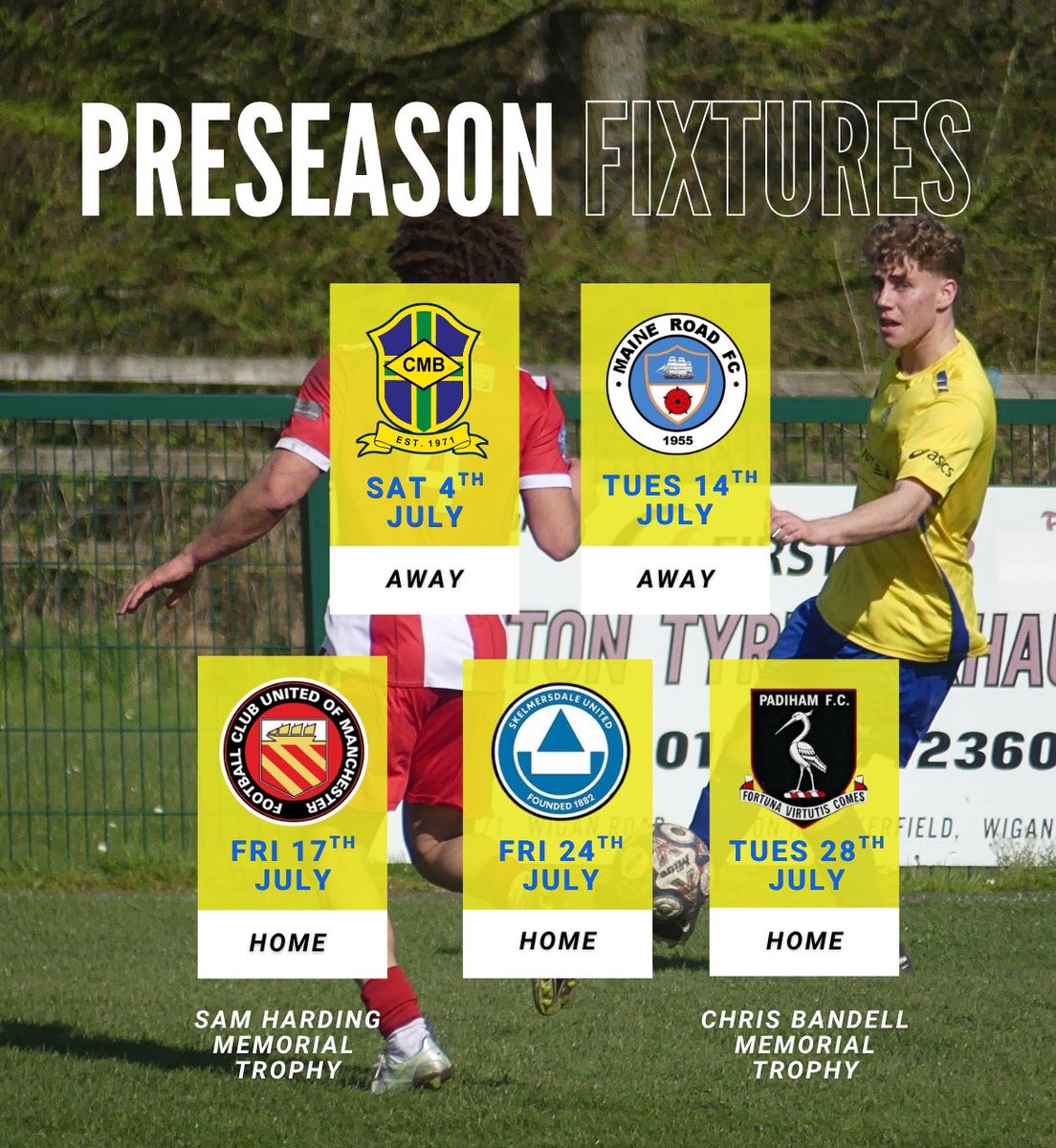 AshtonAthletic's tweet photo. PRE-SEASON FIXTURES 📆

Our pre-season schedule is confirmed, including our memorial fixtures in honour of Sam Harding and Chris Bandell, as we remember two much-loved former players. 💛💙

We’ll see you in a few weeks… ⏭️

#Yellows https://t.co/pQS2QLRrwH