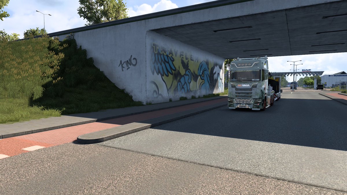 billy_speed's tweet photo. Euro Truck Simulator 2 I am carrying Telescopic Handler JCB 540-180 I start in Eindhoven end was Bremen I am leaving the depot and I see cool artwork then in traffic doing my trip out

#EuroTruckSimulator2
 #ets2
@SCSsoftware
@ScaniaGroup https://t.co/wbLwiujNdO