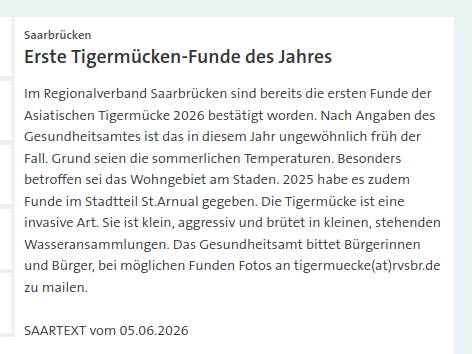 UK136S's tweet photo. Im Regionalverband #Saarbrücken sind bereits die ersten Funde der Asiatischen #Tigermücke 2026 bestätigt worden | Besonders betroffen sei das Wohngebiet am Staden | Invasive Art | #Gesundheitsamt https://t.co/d2bitiYDz5