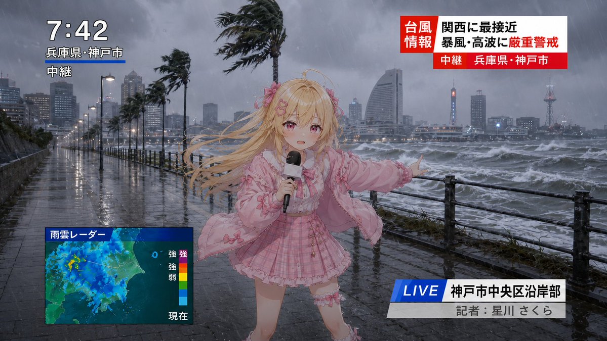 Mayz1169's tweet photo. 1️⃣Create a live news image in @renoiseai 

prompt:
anime news reporter covering a typhoon,

cute blonde anime girl reporter,

holding microphone,

pink idol outfit,

frilly jacket,

long blonde hair blowing violently in the wind,

determined expression,

live television broadcast,

standing on a coastal promenade,

massive storm approaching,

extreme typhoon weather,

heavy rain,

violent ocean waves,

strong winds,

palm trees bending,

storm clouds,

dark grey sky,

water spray everywhere,

city skyline in background,

japanese harbor city,

breaking news atmosphere,

emergency weather coverage,

live news report,

television broadcast graphics,

weather warning overlay,

news ticker,

broadcast information panels,

radar map inset,

live indicator,

japanese television layout,

NHK style weather report,

realistic environment,

anime character,

contrast between cute reporter and dangerous weather,

cinematic lighting,

wet pavement reflections,

volumetric rain,

detailed storm effects,

ultra detailed,

masterpiece,

8k,

professional anime illustration,

highly detailed background,

dramatic atmosphere