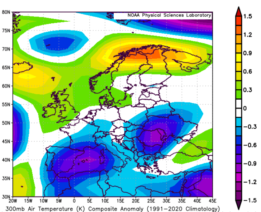 Statisticizer's tweet photo. Good morning, Pablo!
Maybe you are right! By checking the Zonal (westerly wind anomalies) for the current week via the reanalysis of likely analogs it appears that an upper level Easterly colder air may still exist above the  conventional thickness  ( 500-850 hpa) level, this colder air may , in some occasions, descend downward causing  slightly colder easterly wind gusts ( blue anomalies= easterly wind or negative westerly in the  wind map ) that do Not last for long periods-despite the presence of an Azores high or African Sahara surface high pressure/wind from one stand point : Cold Air is heavier and denser than warm air . 
How recurrent and intense this can materialize during the coming weeks will depend on the current season configuration rather the reanalysis in general.  these maps look at the current period ( 4-11 June) .