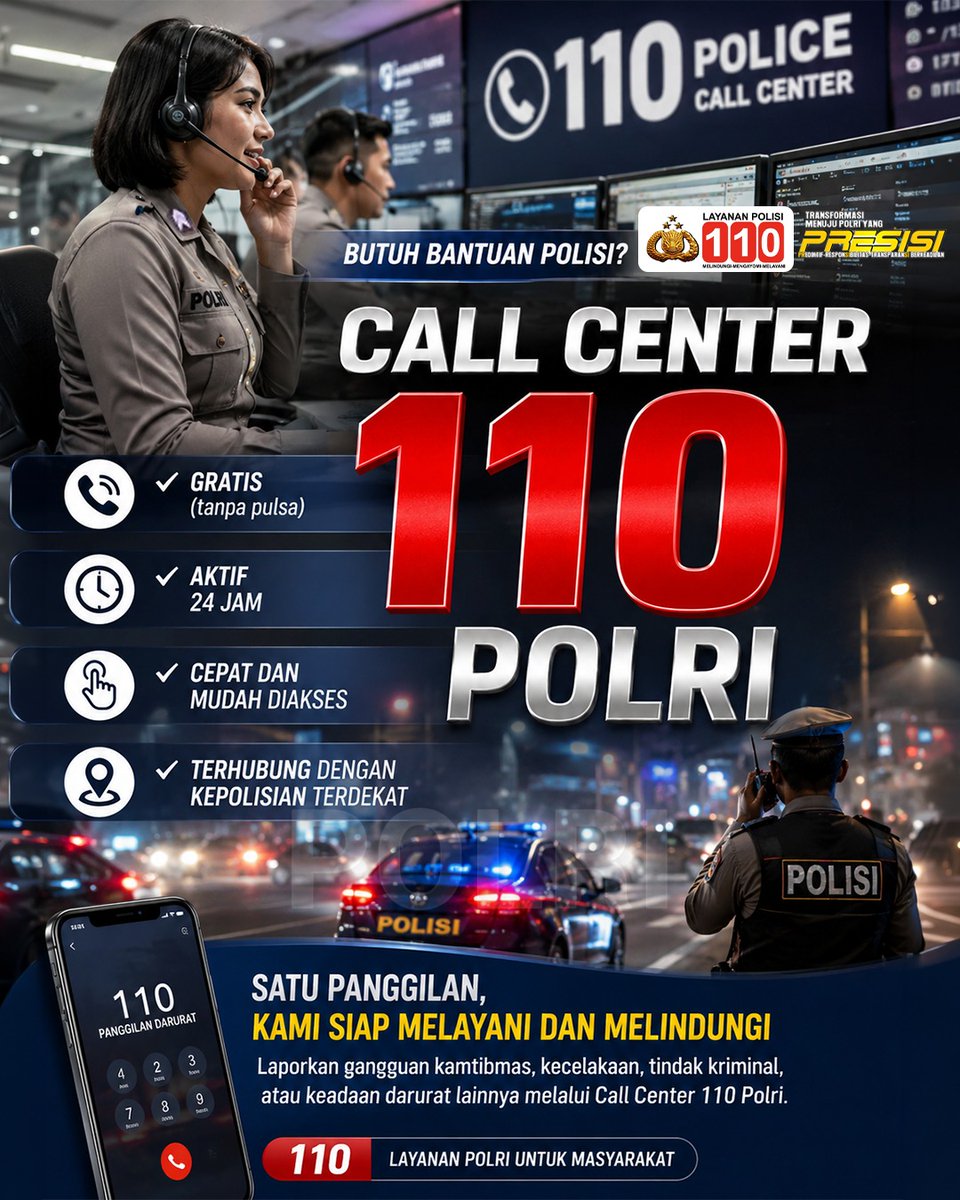 HumasPkp's tweet photo. Sobat Polri, mengalami kondisi darurat atau butuh bantuan Kepolisian? Hubungi Call Center 110 Polri. Layanan ini dapat diakses secara gratis selama 24 jam untuk menerima laporan gangguan kamtibmas, tindak kriminal, kecelakaan lalu lintas, hingga situasi darurat lainnya. https://t.co/xwAvy2fZ8R