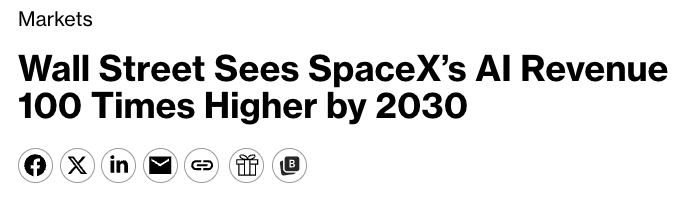 wallstengine's tweet photo. SpaceX’s revenue projections are wild:

Goldman and Evercore model SpaceX AI revenue rising from $3.2B in 2025 to ~$322B-$331B by 2030.

Evercore sees AI revenue reaching $755B by 2031, with total SpaceX revenue topping $1T that year.

The forecasts rely on SpaceX becoming more of an AI infrastructure and compute company, while connectivity/Starlink also scales to $140B+ by 2030. 

Rocket revenue is modeled at only ~$8B in 2030.