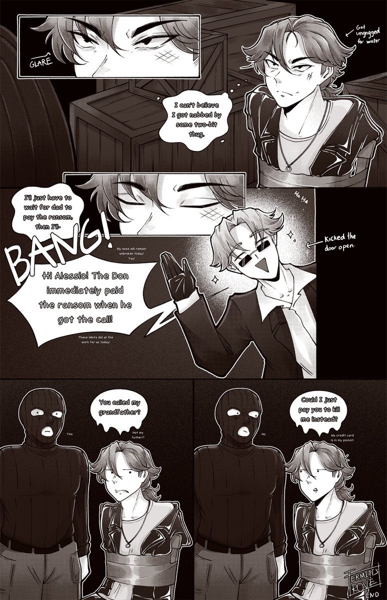 HerMittsTrove's tweet photo. On the rare occasion that Alessio gets kidnapped by thugs who weren't hired by his dear old grandfather, he better pray and hope that it's his father who gets the ransom call. Otherwise, those restraints won't be coming off for a good long while!

Made a little one-page comic! https://t.co/UivBZF3dDq