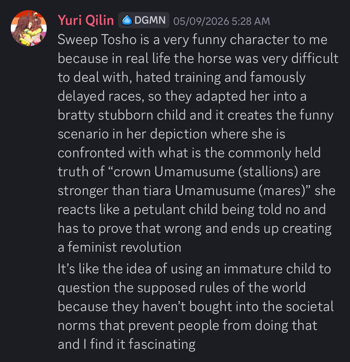 YuriQilin's tweet photo. Random late night thoughts I had a while ago while I was trying to explain to my non-uma friends why I like sweep Tosho as a character so much https://t.co/vgrEJXrYNm
