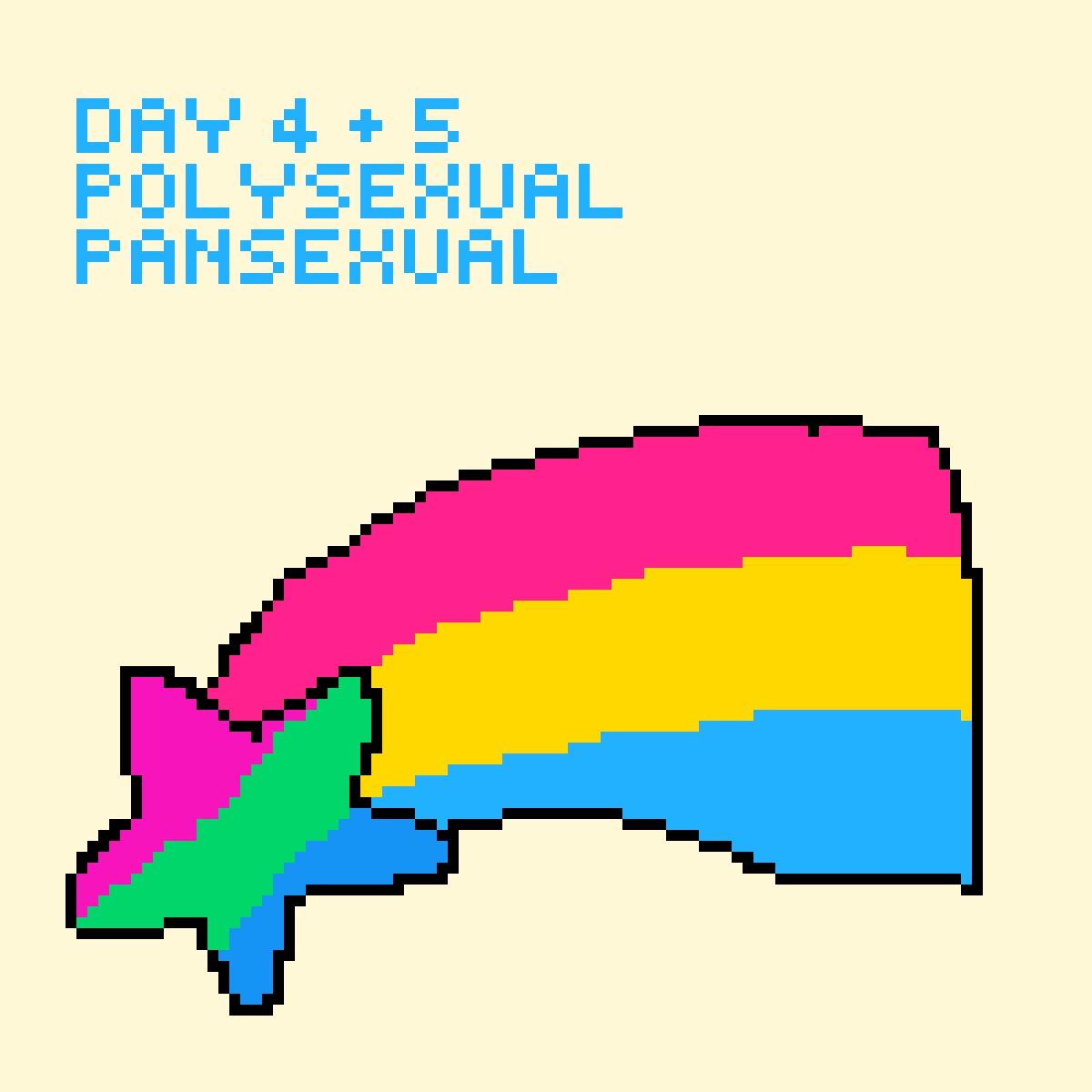 CoolTheCoal's tweet photo. Making a pride themed drawing every day of pride month day 4 + 5 (I forgot yesterday), attempt two because last year I failed terribly. | #art #pixelart #pixilart #polysexual #pansexual #pride #lgbt #lgbtq #lgbtqia #queer #mlm #wlw #wuhluhwuh https://t.co/zpASvLg5bJ
