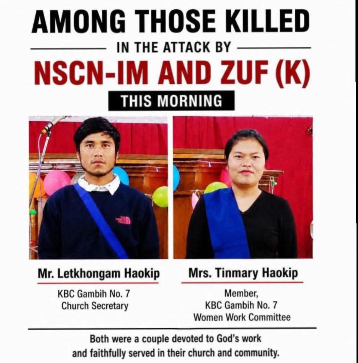 KSO_Hyderabad's tweet photo. 📍MANIPUR

Loiboi Khullen Kuki Village in #Kangpokpi District , Manipur is again UNDER ATTACK by militants of the #meitei backed NSCN-IM and its proxy outfit ZUF-K, the same group that claimed the lives of 3 Kuki Pastors recently. 

The attack today resulted in the lost of 3 lives, and 7 homes reduced to Ashes.

Names of the deceased: 
1. Mr. Letkhongam Haokip
2. Mrs. Tinmary Haokip w/o Mr. Letkhongam Haokip 
3. Mr. Jangminlal Haokip

We call upon the concerned authorities, human rights organizations, civil society, and the wider public to take immediate notice of the atrocities committed against the innocent people of #Loibol Kuki Village. We urge swift and impartial investigation into this attack, and that those responsible be brought to justice without delay.

@PMOIndia 
@ANI 
@PTI_News 
@Spearcorps 
@manipur_cmo 
@YKhemchandSingh 
@Kuki_Inpi 
@KSOGHQ 
@ndtv 
@MaktoobMedia