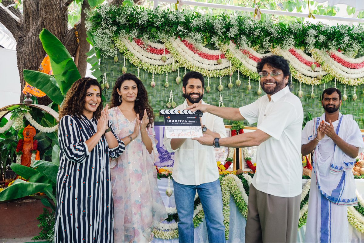 Movies4u_Officl's tweet photo. Much awaited #Dhootha2 Pooja Ceremony happened today ✅️

#NagaChaitanya making his debut as a producer with this project 👌

Can't wait for more and more turns this time 🤩🔥🔥🔥 https://t.co/P2t1hhB9kX