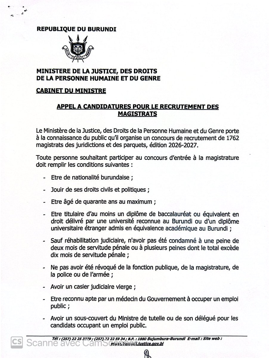 MiniJusticeBdi's tweet photo. #Burundi.Appel à candidatures pour le recrutement des Magistrats 
@NtareHouse 
@BurundiGov https://t.co/ZvasXRc5Z6