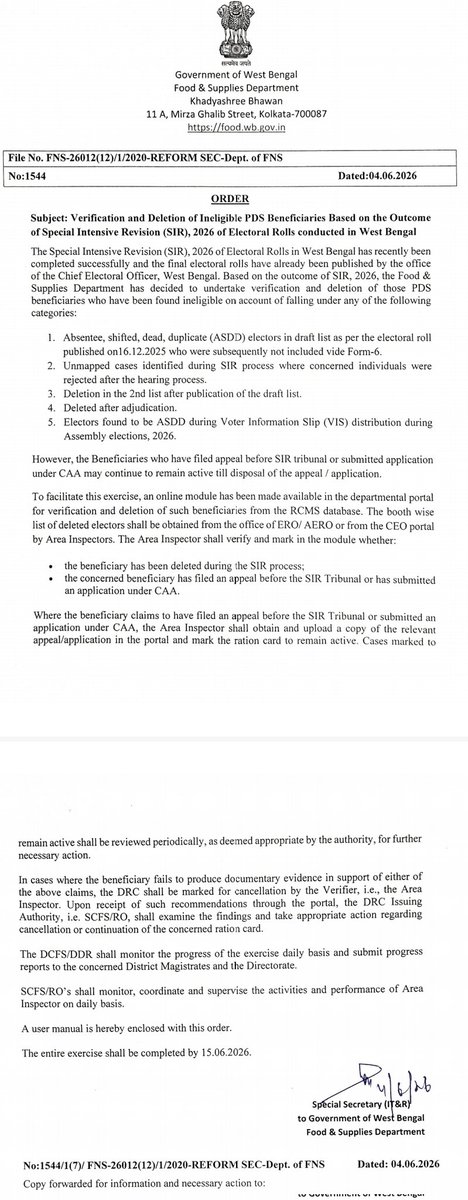 clifroz's tweet photo. First disenfrachisement, next if civil death. BJP govt. 

In West Bengal announces verification and deletion of those PDS beneficiaries who have been found omitted in SIR. https://t.co/hf1FZF2Lbj