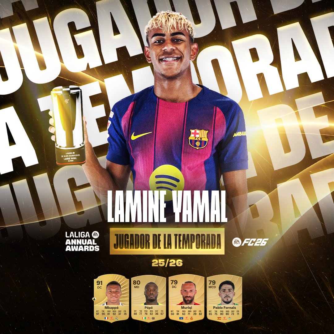 LaLiga's tweet photo. El futuro ya es presente. 🌟

Lamine Yamal, jugador del @FCBarcelona_es, es el ganador del premio al MEJOR JUGADOR DEL AÑO de #LALIGAEASPORTS.

#LALIGAPLAYEROFTHESEASON | #PREMIOSANUALESLALIGA