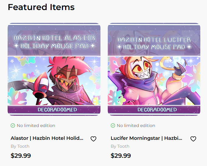 decoradoomed's tweet photo. so uhhh

i have an acggoods now

and i just put these lucifer and alastor pieces up as play mats for purchase several months late because i finally have the means to do so

and im gonna work on some other stuff here within the coming weeks!

have fun!!!

https://t.co/nUFmKpxfSI https://t.co/dqwl2Ta7x9
