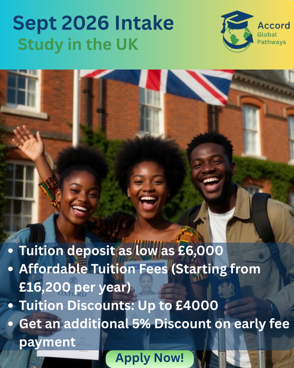 Accordpathways's tweet photo. Are you looking to Study in the UK? Application for September 2026 Intake is currently ongoing ?

- Tuition deposit as low as 6000 deposit 
-Flexible Payment Plan 
-High Visa Success Rate 

Send us a DM to get started 

#accordglobalpathways #studyinuk #studentvisa https://t.co/U5ISX8OpGG