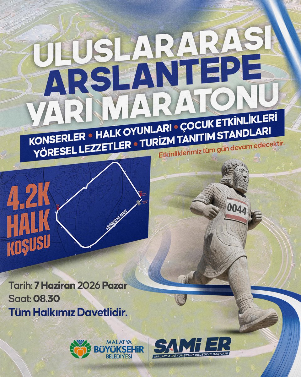 samiermbb's tweet photo. Pazar günü Malatya’mızda adeta bir şölen yaşanacak.

Uluslararası Arslantepe Yarı Maratonu’na ve gün boyu devam edecek festival havasında geçecek etkinliklerimize tüm hemşehrilerimi bekliyorum.

🎶 Konserler
💃 Halk Oyunları
🧒 Çocuk Etkinlikleri
🍽️ Yöresel Lezzetler
🏛️ Turizm Tanıtım Stantları

📅 7 Haziran 2026 Pazar
🕣 Saat: 08.30
📍 Başlangıç noktası ve etkinlik alanı: 💯. Yıl Parkı

Birlikte koşalım, birlikte eğlenelim, hep birlikte Malatya olalım…