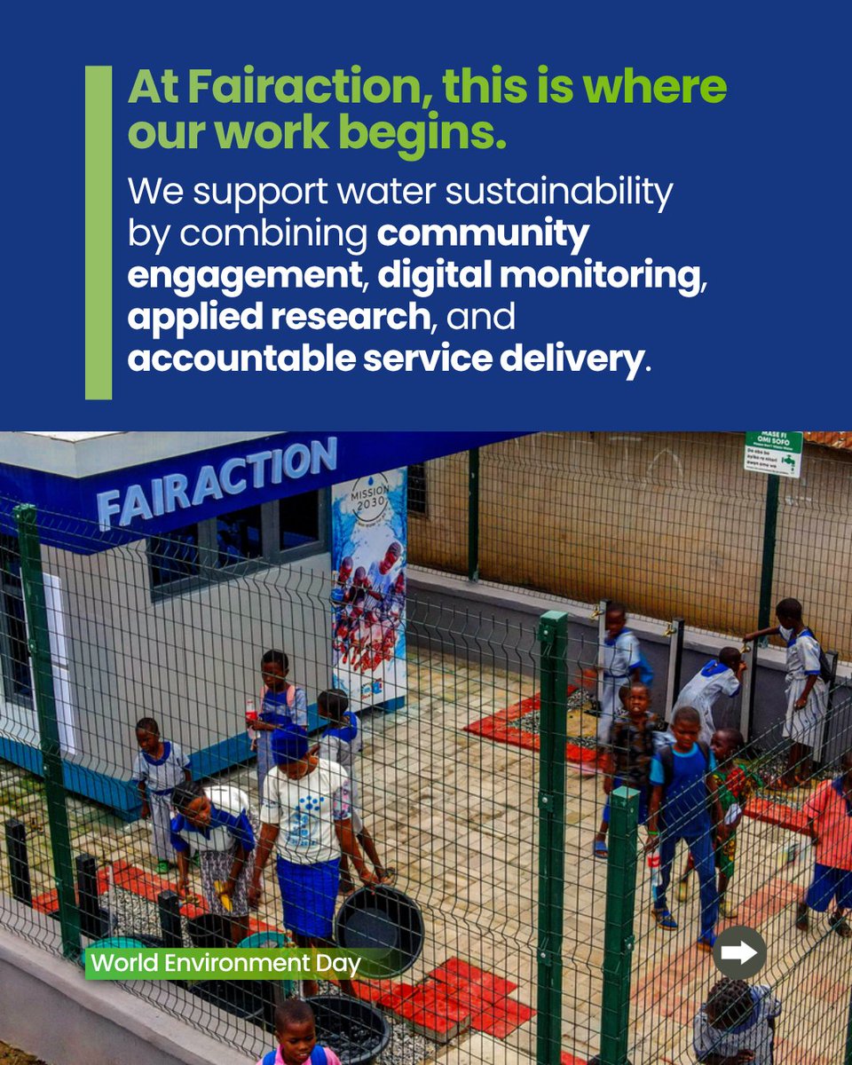 Fairaction_ng's tweet photo. Because when communities have reliable access to safe water, they are better equipped to adapt, stay healthy, and build resilience.

This World Environment Day, let’s guide climate action where it matters most, through systems that protect people and keep safe water flowing.

#WorldEnvironmentDay #ClimateAction #WaterSecurity #SDG6 #FairactionNigeria #SafeWater #ClimateResilience