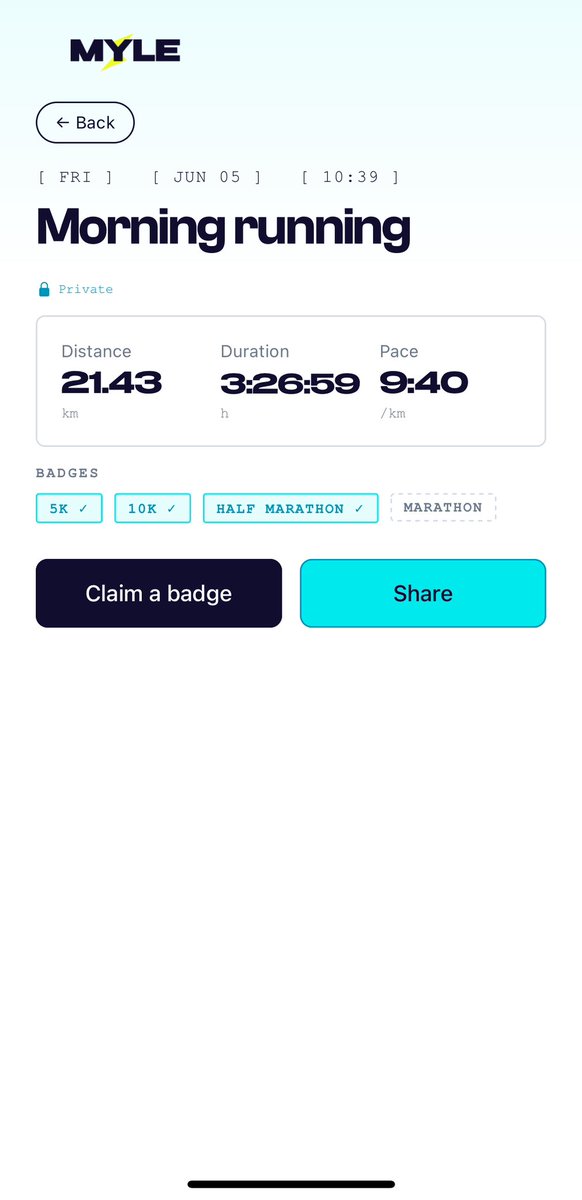 BigTomite's tweet photo. I had my first half marathon and recorded it with Myle by @fhenix 

21km was a big challenge because my highest run before this was around 12km https://t.co/hVLgWy20G9