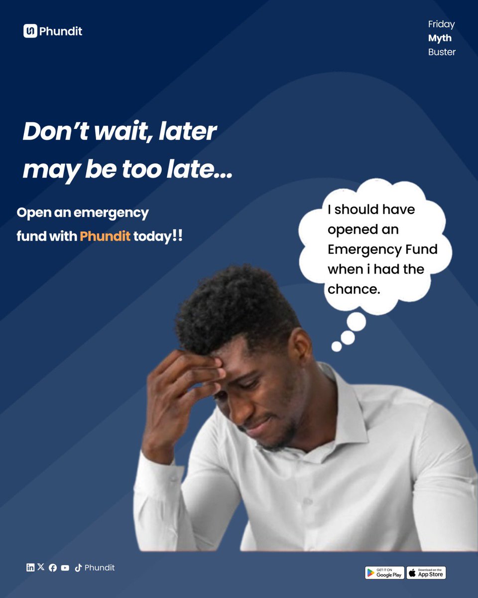 Phund_it's tweet photo. The painful truth: Regret comes too late. 🛑

This #FridayMythBuster from Phundit is a wake-up call. Stop waiting for the "perfect time" to build your safety net.

Your financial peace of mind starts with an emergency fund. Don’t wait until you need it. 

Start today with Phundit.
I should have... ➡️ I did.
#PersonalFinance #MoneyTips #Phundit #EmergencyFund #Savings
