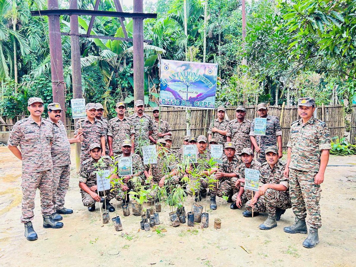 156Bn's tweet photo. A Tree Plantation Drive was successfully organized on the occasion of " WORLD ENVIRONMENT DAY" by 156 Bn CRPF in the area of Jiribam, Manipur. The event witnessed enthusiastic participation from unit personnel reflecting a shared commitment towards environmental conservation. https://t.co/Q6ydRayILj