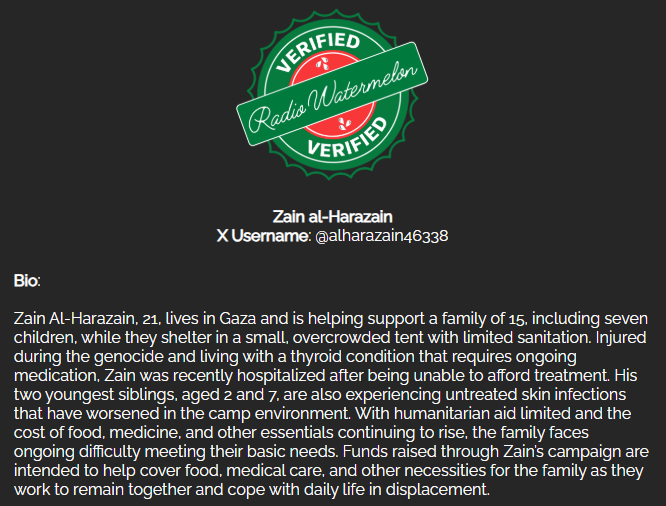 RadioWatermelon's tweet photo. 🚨The last donation was 5 months ago🚨

Zain Al-Harazain's Family
#VerifiedByRadioWatermelon
🖇️: https://t.co/YXQiBIJOjY
Please donate and share
When Aid Is Blocked, People Starve 
Be the Aid They Need https://t.co/oNB7Tzfcay
