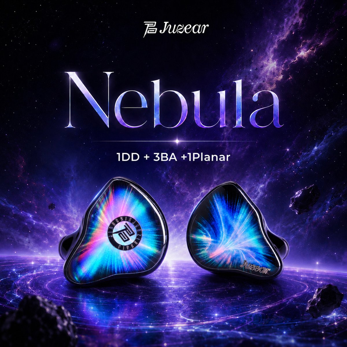 juzearaudio's tweet photo. Juzear Nebula（星雲）
ドライバー構成：1DD + 3BA + 1 Planar
透明感ある音と広がる音場を実現。

この構成、どんなサウンドを想像しますか？
コメントで教えてください👀

#Juzear #HiFi #イヤホン #星雲 #近日公開 https://t.co/gJT9NgukFH
