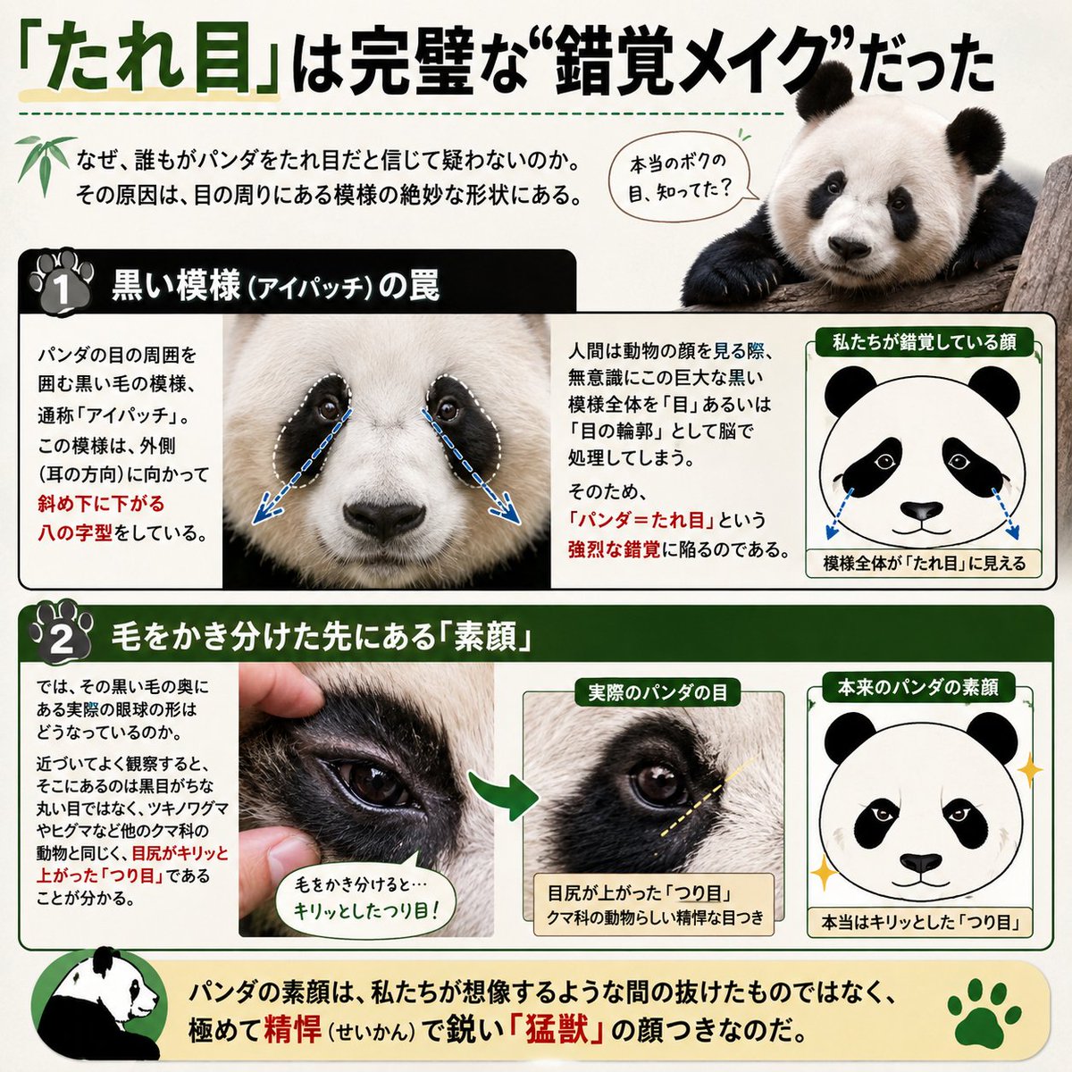 NEWSOFFX's tweet photo. 【白と黒の愛らしいフォルムに、優しげな「たれ目」】
世界中から愛されるパンダですが…実はあの「たれ目」、錯覚だったって知っていますか？

目の周りの黒い模様（アイパッチ）が八の字に垂れ下がっているだけで、毛をかき分けた先にある「本当の瞳」は、他のクマ科と同じくキリッと鋭い【つり目】
なんです！

◆雪山の強烈な太陽光から目を守る「天然のサングラス」
◆敵を錯覚させてビビらせる！野生のクマの「威嚇メイク」
◆動物園での見方が180度変わる、黒い模様の奥の素顔

人間にとっては最高に可愛いアイパッチですが、彼らにとっては過酷な自然界を生き抜くためのガチの「武装」でした。野生の誇りが隠された極上の動物ミステリー！
