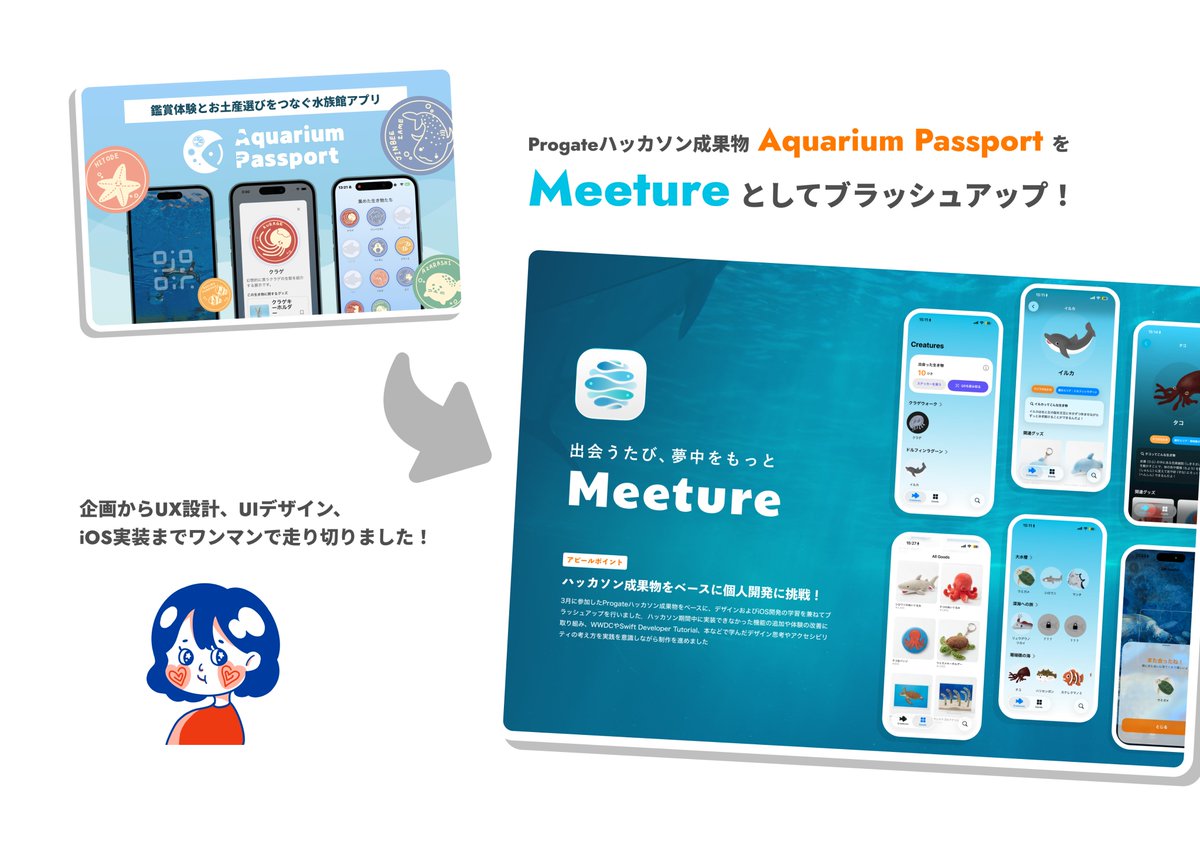 ayanen_tity's tweet photo. iOS開発の勉強を始めてから、1作品目の個人開発！人生で初めての個人開発！

サービス/アプリロゴは「水面・さかな・水槽ガラスに反射する光」をモチーフにデザインです

アプリ概要を書きたいけど文字数が足りない笑

#SwiftUI #iOS開発 #個人開 https://t.co/DeKDkMz24M