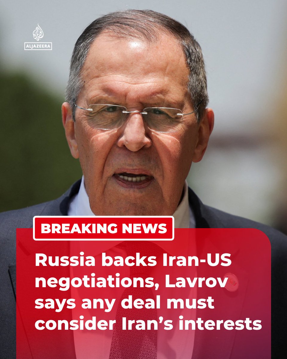AJEnglish's tweet photo. BREAKING: Russian FM Sergey Lavrov says that Moscow supports ongoing negotiations between Iran and the US and that any potential agreement must take into account the interests of Iran and its neighbours.

🔴 LIVE updates: https://t.co/RKBHZJ6a8z https://t.co/oz2z2jjNIR