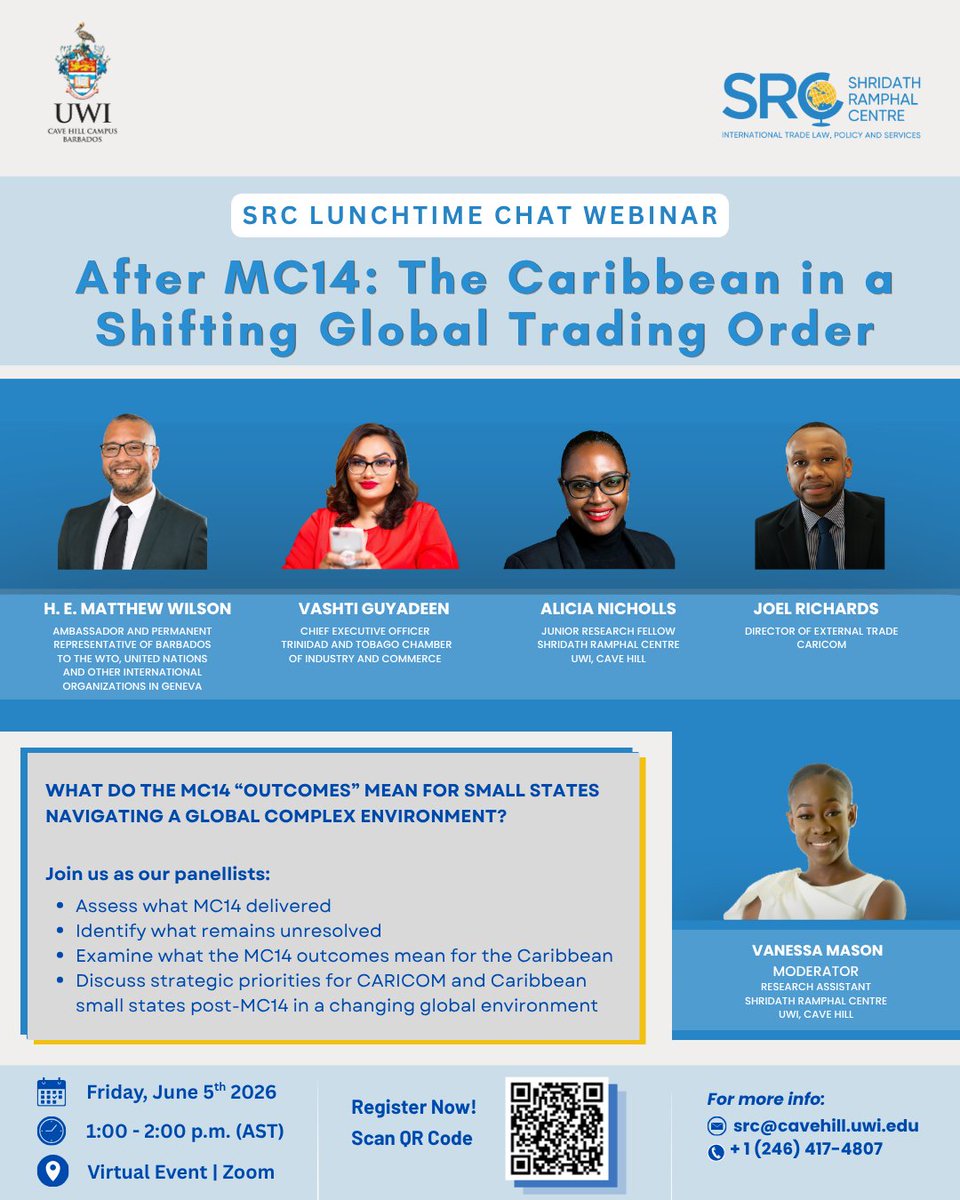 uwisrc's tweet photo. It's happening TODAY at 1:00 p.m. AST!

"After MC14: The Caribbean in a Shifting Global Trading Order"

Still time to register and join us online! 👇 https://t.co/dK4mYtlAcG

#SRCLunchTimeChat #MC14 #CaribbeanTrade #CARICOM #SmallStates https://t.co/rs7xL8sU0w