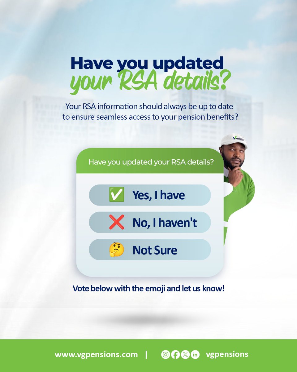 vgpensions1's tweet photo. 🤔 When was the last time you updated your RSA details?

Keeping your information updated helps us serve you better and ensures your pension records remain accurate.

Cast your vote and tell us with the emoji:

✅ Yes
❌ No
🤔 Not Sure

#VGPensions #RSADataRecapture #SecureYourFuture #RetirementPlanning #PensionAwareness