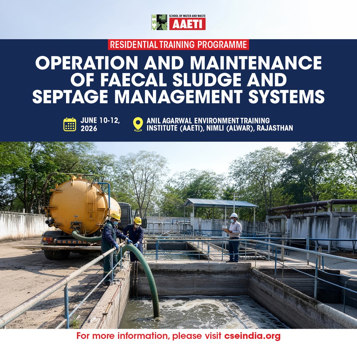 CSEINDIA's tweet photo. 📢 Inviting applications for a three-day residential training programme on Operation and Maintenance of Faecal Sludge and Septage Management Systems.

Training highlights:

1. Core Strategy and Planning

▶️ Current status and progress of FSSM in Rajasthan
▶️Fundamentals of FSSM and the sanitation value chain
▶️Planning and management of daily O&M activities
▶️Strategies for enhancing plant capacity (urban-rural convergence, IEC activities, and regulatory measures)

2. Plant Operations and Safety
▶️Key lessons from existing FSTPs to improve performance
▶️Planning and management of operation and maintenance activities
▶️Occupational health and safety practices for treatment plant personnel
▶️Testing and monitoring protocols 
▶️Emergency response procedures at facilities
▶️Documentation, reporting, monitoring systems

3. Innovation and Practical Learning
▶️Exposure to innovative treatment technologies and operational practices
▶️Field visit to an operational FSTP for practical learning and experience sharing

Click the link below to view eligibility criteria and secure your spot: https://t.co/p4Cgjld3FU