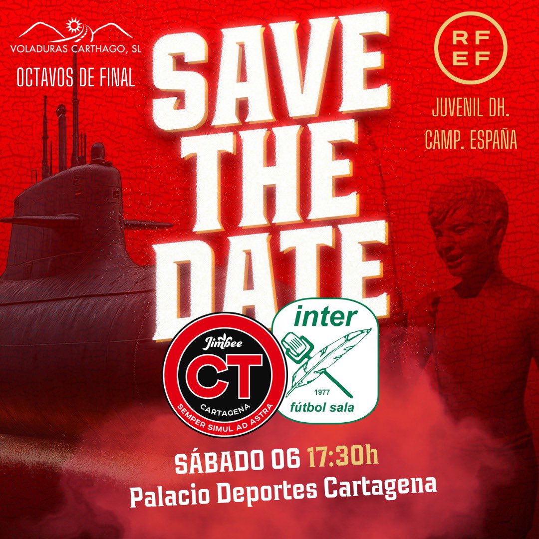 CanteraJimbee's tweet photo. 𝗝𝗨𝗩𝗘𝗡𝗜𝗟 𝗗𝗛 | ¡El #VoladurasCarthago Jimbee Cartagena juega los octavos de final este sábado!

🆚 @InterMovistar 
🗓️ Sábado 06
⏰ 17:30h
🏟️ Palacio Deportes Cartagena
🎟️🆓 Entrada GRATUITA

#CanteraJimbee #LoQueNosUne https://t.co/ooC8CECqxb