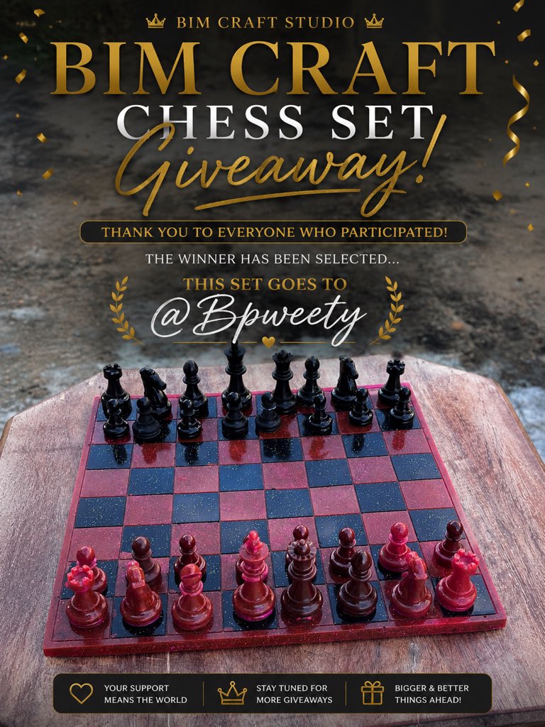 BCraft_studio's tweet photo. And the winner number 1 is… @Bpweety 

This handcrafted resin chess set is officially yours.

Please note that delivery will be handled through GIG Logistics, with the winner covering the delivery fee.

Thank you to everyone who joined the giveaway. Your support keeps BIM CRAFT STUDIO growing. Stay tuned because the next giveaway might have your name on it.
Congratulations
