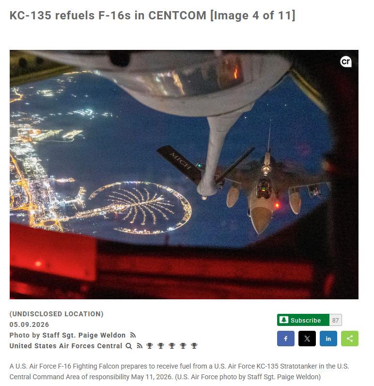 AryJeayBackup's tweet photo. CENTCOM released a photo of a F-16 fighter jet being refuelled at “an undisclosed location within the area of responsibility of CENTCOM.”

… “undisclosed location” but picture clearly shows Palm Jumeirah in Dubai, with all its lights clearly recognizable, lol. https://t.co/x90ralvpRN