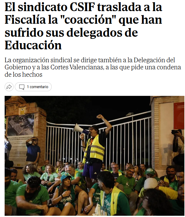 CSIFEnsenanzaCV's tweet photo. 📢📢 EL MUNDO SE HACE ECO DE LA DENUNCIA DE CSIF ANTE LA FISCALÍA

📌 El periódico recoge la actuación de CSIF tras la “coacción” sufrida por sus delegados de Educación.

https://t.co/sxpsHfzf0K https://t.co/Yt4DAZ6nwQ