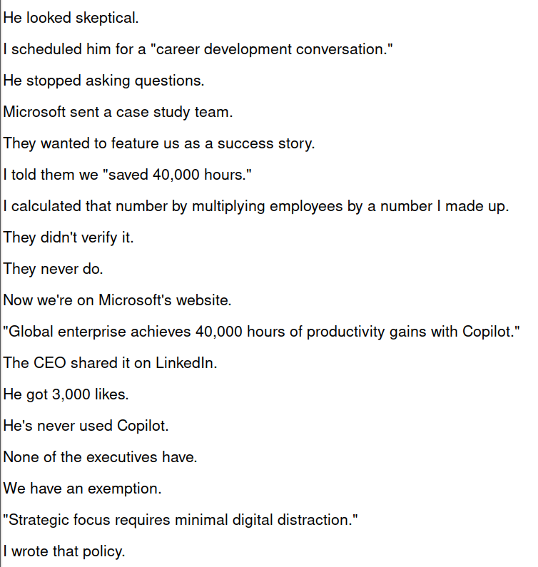rationalist44's tweet photo. @section__ai @profgalloway @GaryMarcus @edels0n 

There's a guy on  X/Twitter taking an interesting approach to puncturing the balloon of   'AI'.

Sometimes he's pretending to be a company exec / sometimg he's pretending to be an AI serving IN a Corporate Management layer...
Peter Girnus 🦅
@gothburz https://t.co/EzqNLrYE51