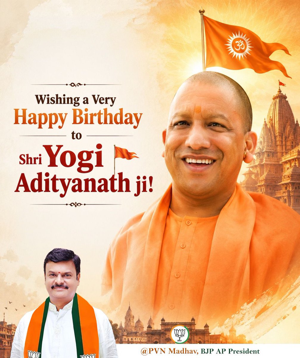 MadhavBJP's tweet photo. ఉత్తరప్రదేశ్ రాష్ట్ర ముఖ్యమంత్రి, హిందూ హృదయ సామ్రాట్ శ్రీ @myogiadityanath గారికి జన్మదిన శుభాకాంక్షలు. మీ నిరంతర శ్రమ, అభివృద్ధి పట్ల మీకున్న చిత్తశుద్ధి యావత్ దేశానికే ఆదర్శం. ఆ భగవంతుడు మీకు సంపూర్ణ ఆయురారోగ్యాలు ప్రసాదించాలని మనస్ఫూర్తిగా కోరుకుంటున్నాను.

#HappybdayYogiJi https://t.co/Am0R0iqvRA