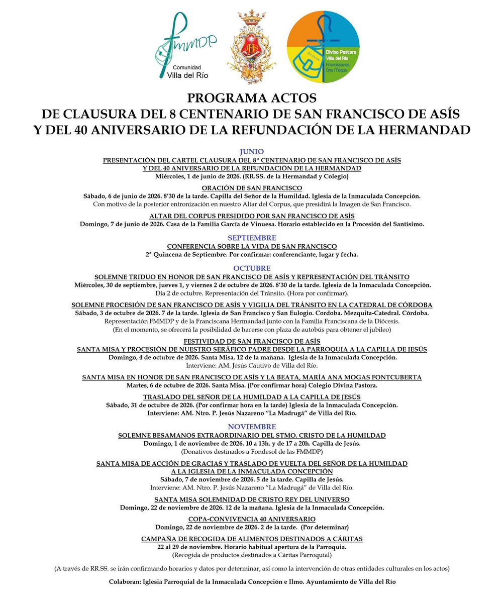 humildadvdr's tweet photo. PROGRAMA ACTOS DE CLAUSURA DEL VIII CENTENARIO DE SAN FRANCISCO DE ASÍS Y DEL 40 ANIVERSARIO DE LA REFUNDACIÓN DE LA FRANCISCANA HERMANDAD DE LA HUMILDAD. Anunciamos el Programa de Actos elaborado por la Familia Franciscana de Villa del Río con motivo del Año Jubilar https://t.co/xEKdZgoLgg