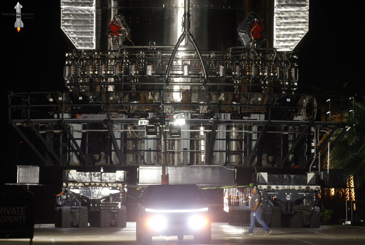 StarshipGazer's tweet photo. Super heavy booster 20 rolling out to Starbase Massey's test site tonight for initial cryo proof testing in preparation for Starship test flight 13.

6/5/26 https://t.co/9n0Bj0m4G9