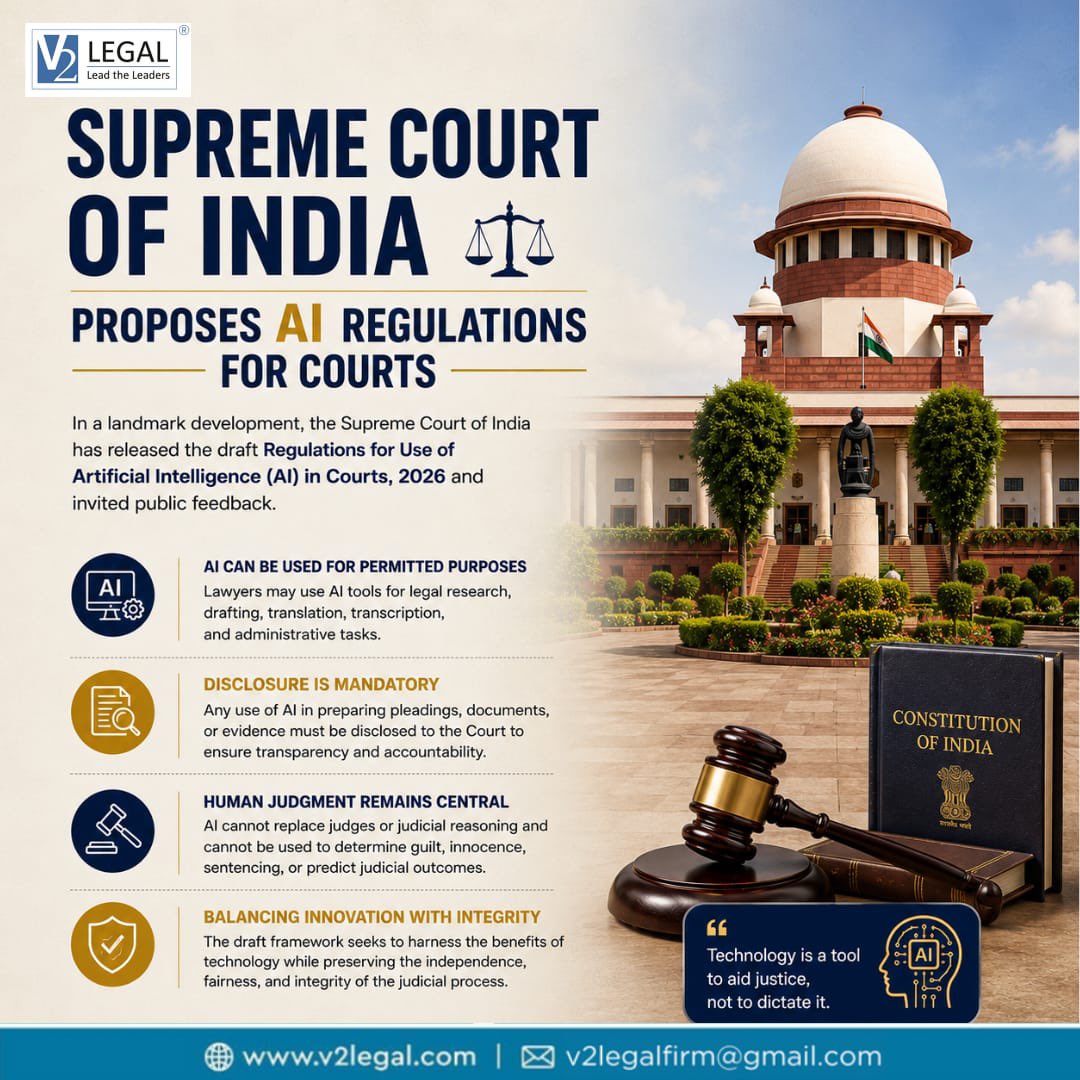 V2Legal's tweet photo. ⚖️ AI in Courts: Innovation with Accountability

The proposed regulatory framework on the use of Artificial Intelligence in courts marks an important step in shaping the future of legal technology in India.

#V2Legal #LegalTech #ArtificialIntelligence #AIInLaw #judiciary https://t.co/EneIWJntgL