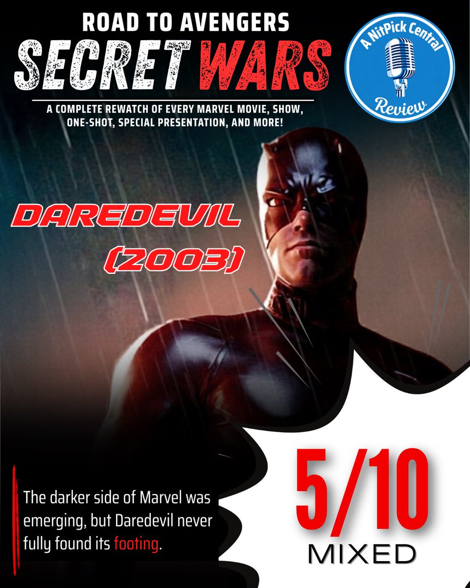 NitPickCentral's tweet photo. Before Charlie Cox became the definitive live-action Daredevil, Marvel took its first big swing at bringing the Man Without Fear to the big screen.

The darker tone and comic book roots are evident, but the uneven pacing, dated early-2000s filmmaking, and rushed romance prevent it from fully realizing its potential.

Despite these shortcomings, it remains an important chapter in Marvel’s cinematic journey and serves as a reminder that the path to Secret Wars was not always smooth.

What are your thoughts on Daredevil (2003)?

⬇️ Did we overestimate or underestimate its worth?

#RoadToSecretWars #Daredevil #Marvel #MarvelMovies #BenAffleck #ComicBookMovies #MovieReview #MarvelFans