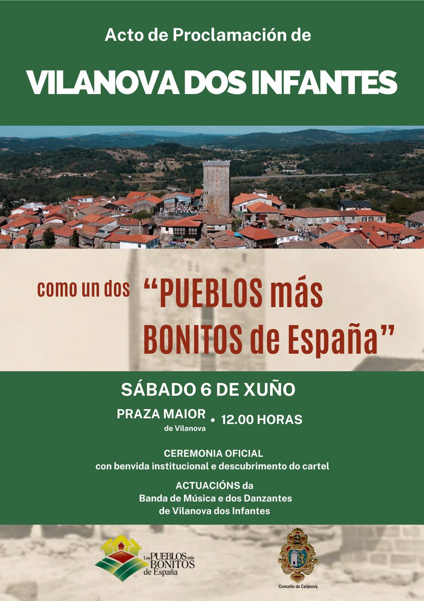 ConCelanova's tweet photo. VILANOVA ESTA DE FESTA 
🌸 Este sábado celebramos a proclamación de Vilanova dos Infantes como un dos "Pueblos más Bonitos de España".
✨Unha xornada especial que non te podes perder!
Para a celebración é necesario retirar os vehículos da zona do acto. Máis información 👇 https://t.co/6UGHLJORFV