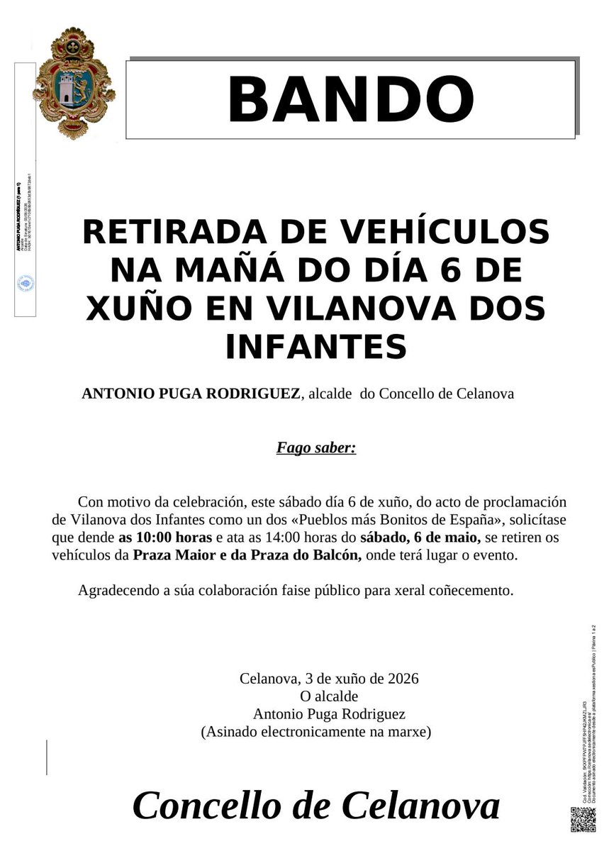 ConCelanova's tweet photo. VILANOVA ESTA DE FESTA 
🌸 Este sábado celebramos a proclamación de Vilanova dos Infantes como un dos "Pueblos más Bonitos de España".
✨Unha xornada especial que non te podes perder!
Para a celebración é necesario retirar os vehículos da zona do acto. Máis información 👇 https://t.co/6UGHLJORFV