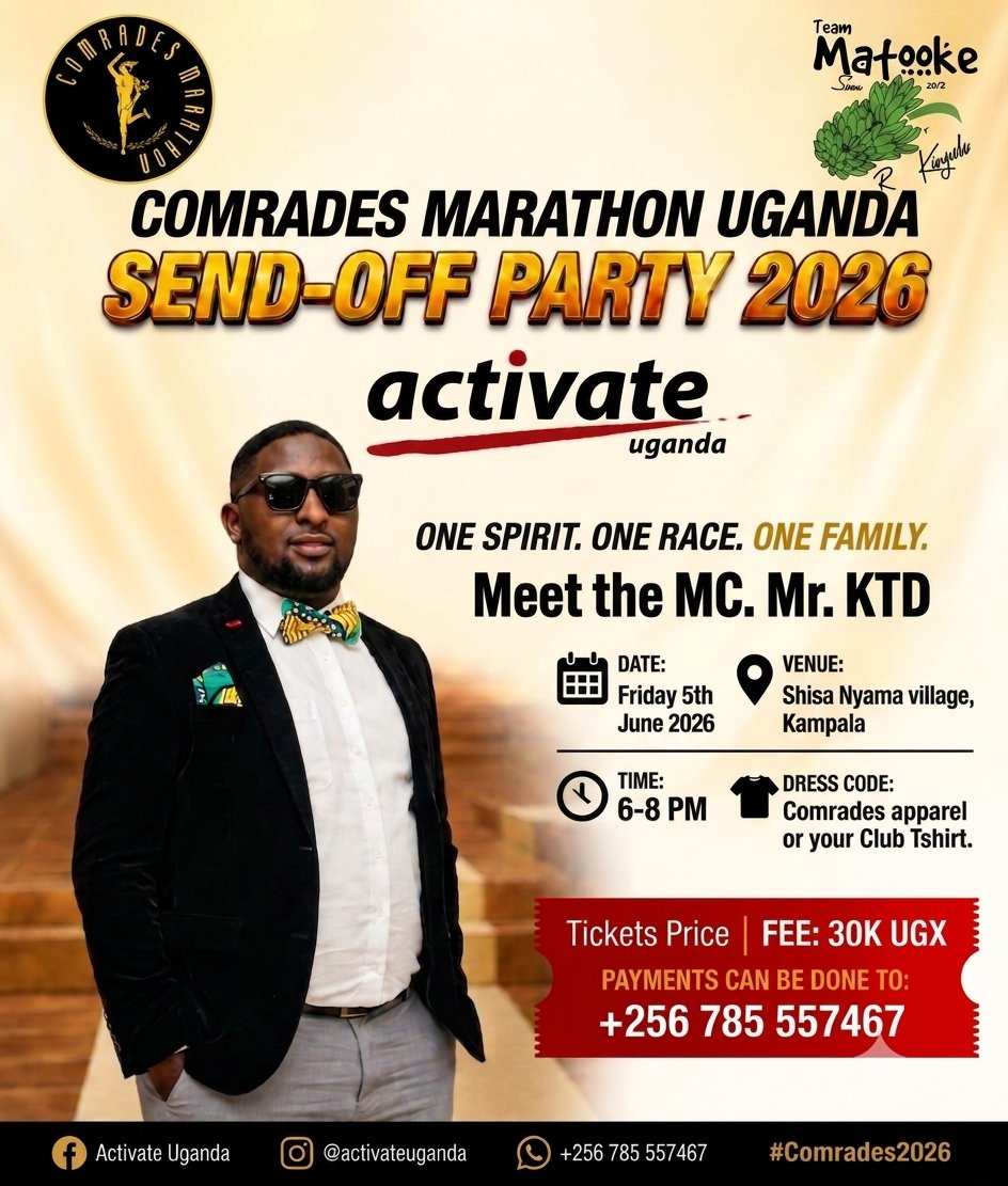 ActivateUgandaL's tweet photo. South Africa, here we come! 🇿🇦
Join the Comrades Uganda Send-Off Party with Mr. KTD on the mic! One Spirit. One Race. Kampala, let’s go! 🏃♂️🏃♀️
#Comrades2026 #ActivateUganda https://t.co/sSjo8VzrDX