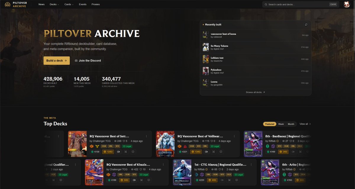 PiltoverArch's tweet photo. We heard you guys wanna be able to find decks and content from recent events and your favourite content creators
A brand new homepage - Coming Soon👀 https://t.co/EkzOKigEJF