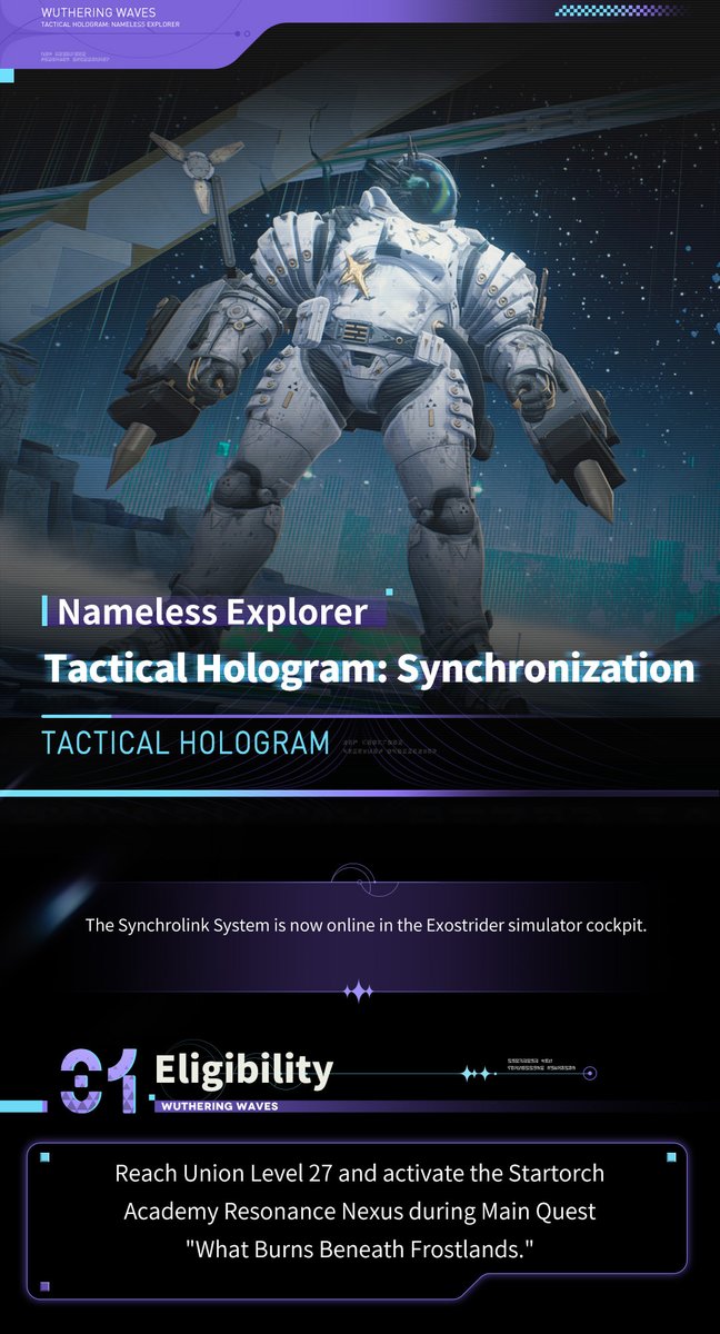 Wuthering_Waves's tweet photo. Tactical Hologram Update, Coming Soon!
[Tactical Hologram: Synchronization] is a prime testing ground for combat prowess, where powerful foes abound. Get ready to challenge Tactical Hologram: Nameless Explorer in Version 3.4's Tactical Hologram!

#WutheringWaves https://t.co/rKrBcBk6jz