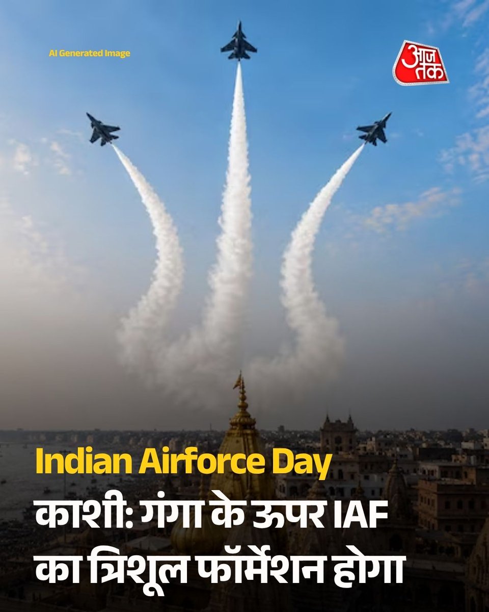 aajtak's tweet photo. Air Force Day: काशी विश्वनाथ की नगरी में गंगा के ऊपर वायु सेना का त्रिशूल फॉर्मेशन

इस वर्ष भारतीय वायु सेना अपना 94वां स्थापना दिवस मनाने के लिए पहली बार पवित्र गंगा नदी के ऊपर वाराणसी में एयर फोर्स डे फ्लाईपास्ट करेगी. 8 अक्टूबर को हिंडन में परेड के बाद वाराणसी में शानदार फ्लाईपास्ट होगा.

पूरी खबर; https://t.co/OeAsuMFx7k

#AirForceDay #Varanasi #ATCard #AajTakSocial @shivanipost